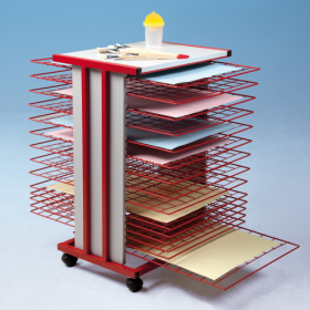 Trockenwagen fahrbar mit 25 Trockengittern DIN A2 B/H/T: 59,5x83x75 cm, Gestell in rot, Holzteile in Grau-image