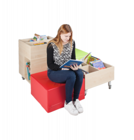 cuBe Bücherinsel "L" 4-teilig Bücherinsel "L" mit hoher und flacher Bücherkiste fahrbar und 2 Sitzhockern-image
