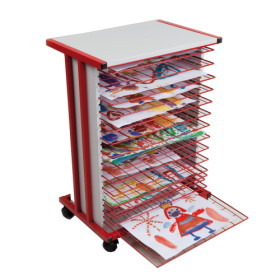 Trockenwagen fahrbar mit 25 Trockengittern DIN A3 B/H/T: 59,5x83x42 cm Gestellfarbe rot, Plattendekor Grau-image