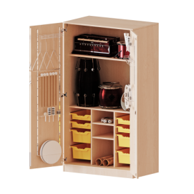 Musikschrank, 5 Ordnerhöhen - Serie evo180 B/H/T: 104,5x190x60 cm, Türen mit Instrumentenhalterungen, mit 8 ErgoTray Boxen, mit Sockel (81 mm)-image