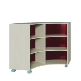 Korpus-Regal auf 1/4-Kreis-Grundriß, Rückwand aus farbiger Plexiglasplatte Bogenregal auf 90° in 3 Höhen, mit Zwischenböden, Plexiglasmaterial als Rückwand-image