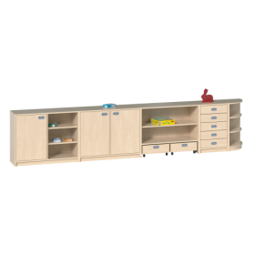 Fertigregalsystem in Korpusbauweise "Colin" B/H/T: 398x80x40 cm, Regalsystem mit Rollkästen, Dekorschüben und Viertelkreisregal-image