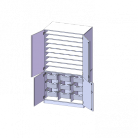 Bastelschrank, 5 Ordnerhöhen - Serie evo180 B/H/T: 104,5x190x60 cm, 4-türiger Schrank mit 9 hohen ErgoTray Boxen, zweiteilig, mit Sockel (81 mm)-image