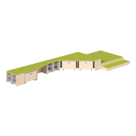 Podestanlage 10, 6teilig, mit 8 ErgoTray-Boxen, mit Linoleum-Deckplatten B/H/T: 560x13/24/46x190 cm, 6 Podestelemente in 3 verschiedenen Höhen, mit 3 verschiedenen Rollkästen-image