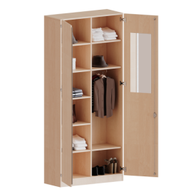 Garderobenschrank mit Spiegel und Garderobenstange, 6 Ordnerhöhen - Serie evo180 Gesamthöhe 226 cm, 2 Türen, abschließbar, eine Seite Garderobe, eine Seite Fachböden, Sockel-image