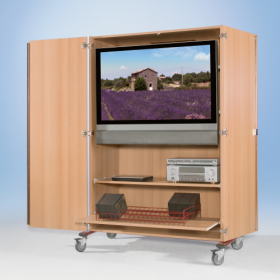 Zweitüriger TV-Wagen mit Halterung für Flachbildschirme, fahrbar B/H/T: 132x187x75 cm gesamt, 118,8x171x59 cm Schrankmaß, 1 verstellbarer Boden, 1 Rollauszug-image