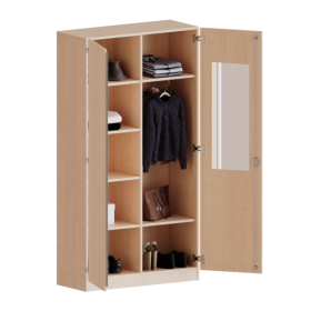 Garderobenschrank mit Spiegel und Garderobenstange, 5 Ordnerhöhen - Serie evo180 Gesamthöhe 190 cm, 2 Türen, abschließbar, eine Seite Garderobe, eine Seite Fachböden, Sockel-image