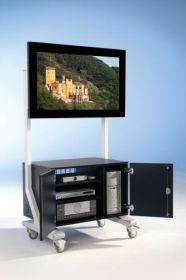 TV Wagen, TV Rack für Fernseher bis 70 Zoll mit großem Unterschrank, Glastüren ScreenCart XL, feste Halterung-image