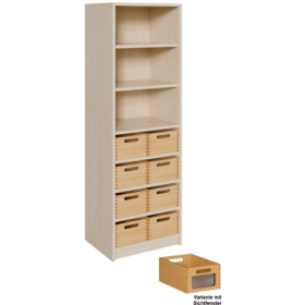 Korpus-Regal mit Materialkästen und offenen Fächern B/H/T: 52x160x40 cm, unten mit 8 Massivholz-Kästen mit Sichtfenster, oben Regal mit 3 Fächern-image