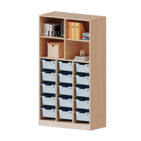 ErgoTray Regal, dreireihig, 5 Ordnerhöhen - evo180 Serie Breite 104,5 cm, Gesamthöhe 190 cm, mit Sockel (81 mm), unten 15 hohe ErgoTray Boxen, oben 2 Einlegeböden-image