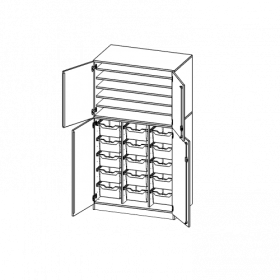 Bastelschrank, 5 Ordnerhöhen - Serie evo180 B/H/T: 104,5x190x60 cm, 4-türiger Schrank mit 15 hohen ErgoTray Boxen, zweiteilig, mit Sockel (81 mm)-image