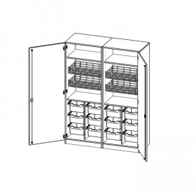 Sportschrank, 5 Ordnerhöhen - Serie evo180 B/H/T: 140,6x190x60 cm, 4 Ballkörbe, Halterungen an den Türen, 12 hohe ErgoTray Boxen, mit Sockel (81 mm)-image