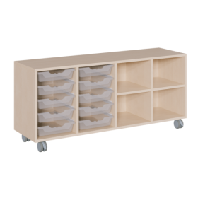 fahrbares Regal in Korpusbauweise B/T: 139x40 cm, 3 verschiedene Höhen, in 4 Reihen unterschiedlich hohe ErgoTray-Boxen und Fächer-image