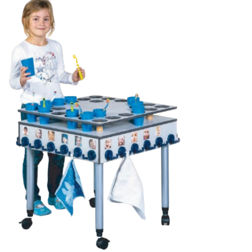 Zahnputzbecherwagen mit Doppelhaken, für 24 Kinder B/H/T: 60x60/75x60 cm, rundum wasserbeständige Vollkernplatte in grauem Dekor, Stahlgestell mit RAL-Farbe 9006 (weißaluminium)-image