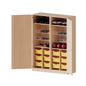 Sportschrank, 5 Ordnerhöhen - Serie evo180 Breite 140,6 cm, Gesamthöhe 190 cm, 4 Ballkörbe, 12 hohe ErgoTray Boxen, mit Sockel (81 mm)-image