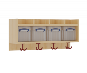 einfache Garderobenablage B/H/T: 80x34,5x27 cm, oben 4 flache, nach oben offene Ablagen, darunter 4 Kunststoffboxen mit Deckel, unten 3fach-Haken-image