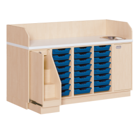 Wickelkommode, vierreihig zuzüglich Waschbecken B/H/T: 179x113x71,5 cm, Ausziehbarer Aufstieg links, 24 Boxen und Waschbecken rechts-image