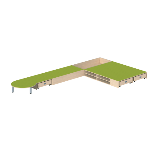 Podestanlage 1, 6teilig, mit Linoleum-Deckplatten B/H/T: 450x24x250 cm, mit Kuschelgraben, Liegepolsterpodesten, diverse andere Podeste und 3 verschiedenen Rollkästen-image