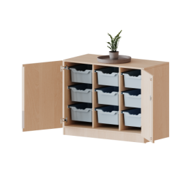 ErgoTray Schrank, dreireihig, 2 Ordnerhöhen - evo180 Serie Breite 104,5 cm, Gesamthöhe 82 cm, zweitürig, mit Sockel, mit 9 hohen ErgoTray Boxen-image