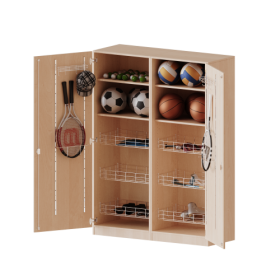Sportschrank, 5 Ordnerhöhen - Serie evo180 B/H/T: 140,6x190x60 cm, 6 Ballkörbe, Halterungen an den Türen, mit Sockel (81 mm)-image