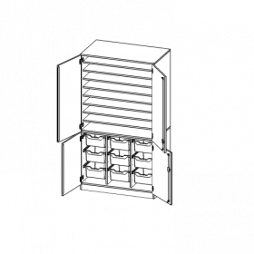 Bastelschrank, 5 Ordnerhöhen - Serie evo180 B/H/T: 104,5x190x60 cm, 4-türiger Schrank mit 9 hohen ErgoTray Boxen, zweiteilig, mit Sockel (81 mm)-image