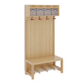 Komplettgarderobe mit einfacher Ablage inklusive Boxen B/H/T: 80x130x39 cm, 4 Plätze, Sitzhöhe 26 cm, Stütze mit Paneelrückwand, Alurohr-Schuhrost mit Trennungen-image