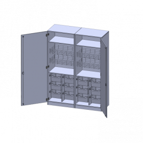 Sportschrank, 5 Ordnerhöhen - Serie evo180 B/H/T: 140,6x190x60 cm, 4 Ballkörbe, Halterungen an den Türen, 12 hohe ErgoTray Boxen, mit Sockel (81 mm)-image