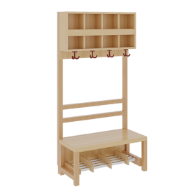 Komplettgarderobe mit doppelter Ablagereihe B/H/T: 80x158x39 cm, 4 Plätze, Sitzhöhe: 26 cm, offene Stütze in Buche-massiv, Schuhrost aus Aluminiumrohren mit Facheinteilungen-image