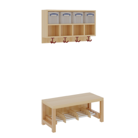 Komplettgarderobe mit doppelter Ablagereihe inklusive Boxen B/T: 80x35 cm, 4 Plätze, Sitzhöhe 26 cm, 2teilig ohne Stütze, Ablage zur Wandmontage, Alurohr-Schuhrost mit Trennungen-image