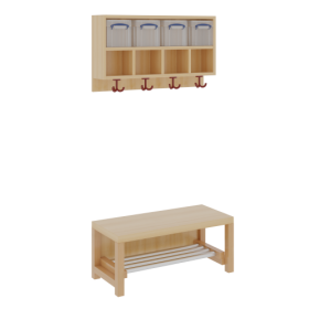 Komplettgarderobe mit doppelter Ablagereihe inklusive Boxen 2teilig ohne Stütze, Ablage zur Wandmontage, Aluminiumrost, wahlweise Facheinteilung, T: 35 cm-image