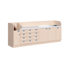 Wickelkommode, vierreihig zuzüglich Badewanne und Waschbecken B/H/T: 285x113x71,5 cm, Integrierter Aufgang links, 12 Schübe und Badewanne, Waschbecken rechts-image