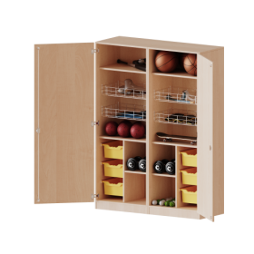 Sportschrank, 5 Ordnerhöhen - Serie evo180 Breite 140,6 cm, Gesamthöhe 190 cm, 4 Ballkörbe, 6 ErgoTray Boxen, mit Sockel (81 mm)-image