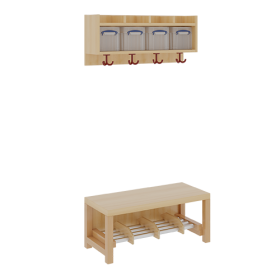 Komplettgarderobe mit einfacher Ablage inklusive Boxen B/T: 80x35 cm, 4 Plätze, Sitzhöhe 26 cm, 2teilig ohne Stütze, Ablage zur Wandmontage, Alurohr-Schuhrost mit Trennungen-image
