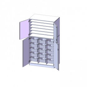 Bastelschrank, 5 Ordnerhöhen - Serie evo180 B/H/T: 104,5x190x60 cm, 4-türiger Schrank mit 15 hohen ErgoTray Boxen, zweiteilig, mit Sockel (81 mm)-image