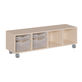 fahrbares Regal in Korpusbauweise B/T: 139x40 cm, 3 verschiedene Höhen, in 4 Reihen unterschiedlich hohe ErgoTray-Boxen und Fächer-image